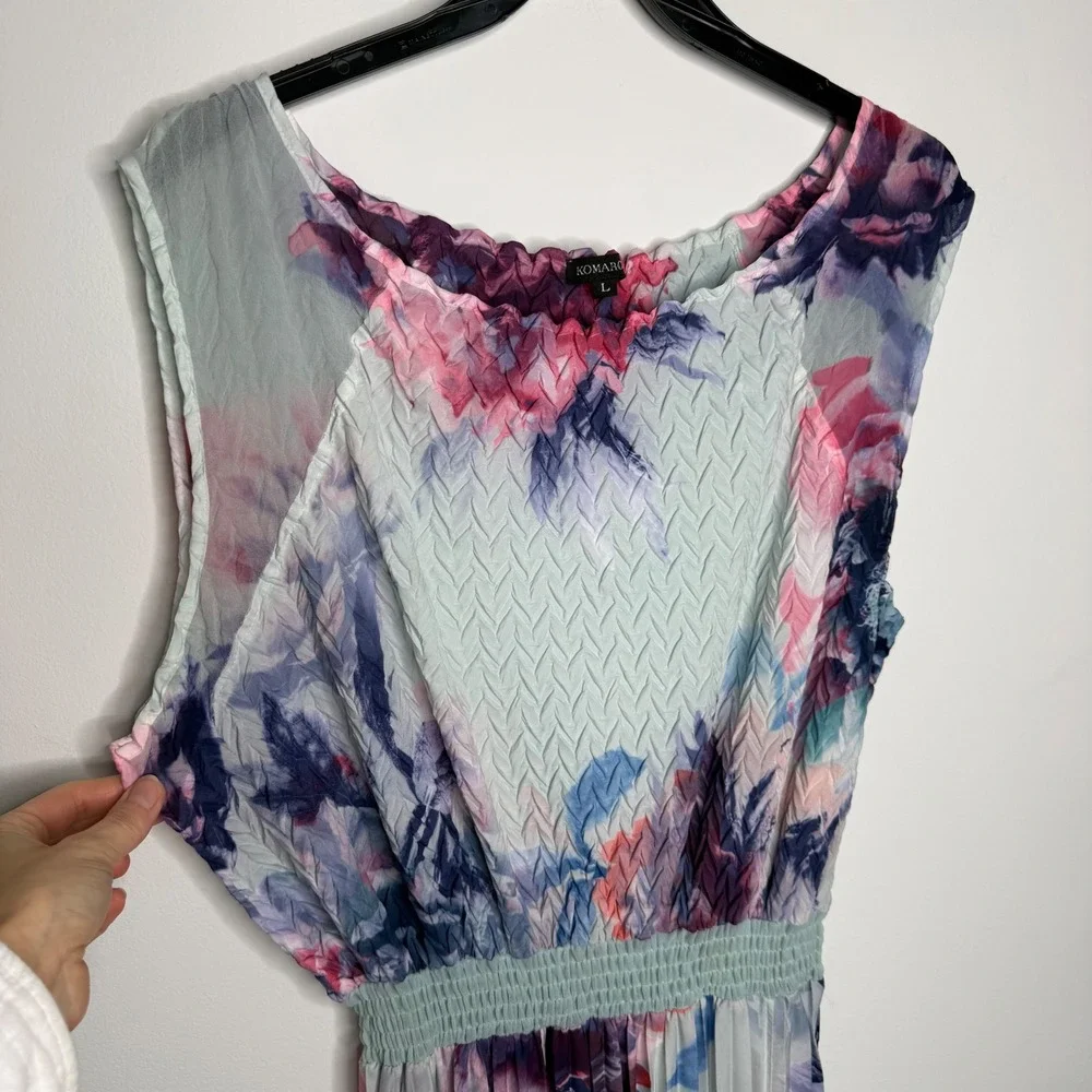 K5 Komarov Floral‎ Pleated Maxi Dress Mint Pink Blue Smocked Waist Womens Large